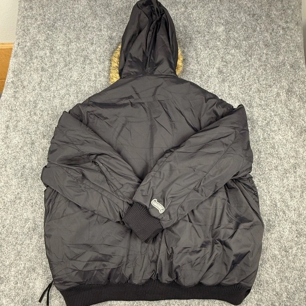 VTG Akademiks Mens Black Quilted Reversible Hooded Winter Puffer Jacket Fur Trim